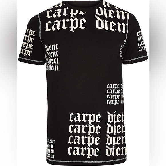 River Island Men's Black 'Carpe Diem' Slim Fit Short Sleeve T-Shirt - Picture 5 of 5